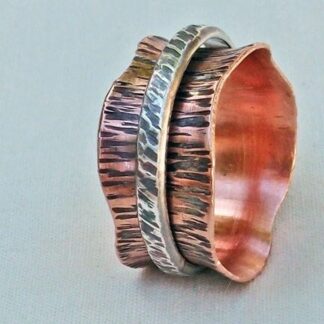 Copper Spinner Ring with Light Bark Texture and Sterling Silver Size 11.25 Handmade