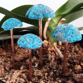 Copper Mushroom Sculptures With Blue Caps Set of 4